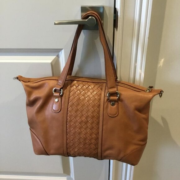 Cole Haan Heritage Weave Leather Archer Satchel Bag in Cognac with Zip Closure - Picture 4 of 13